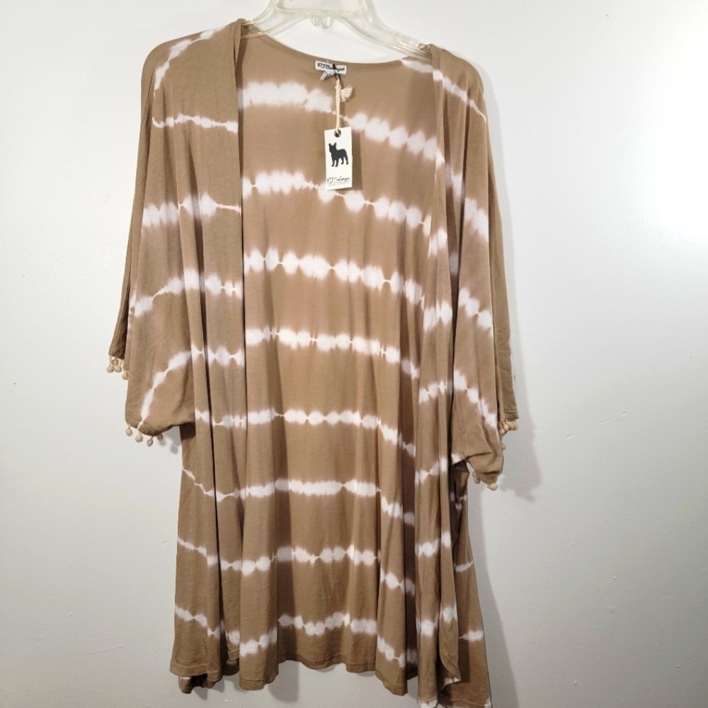 PJ Salvage Tie Dye Tan Pom Pom Trim Kimono Beach Resort Cover-Up Top Medium